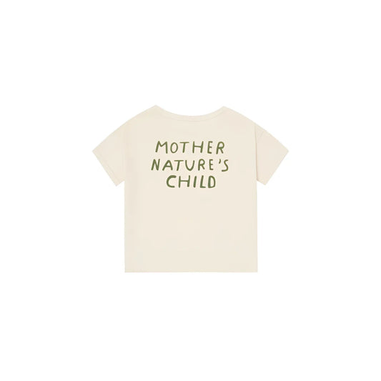 Rückenansicht: Boxy T-Shirt Mother Natures Child in Creme mit grünem Schriftzug