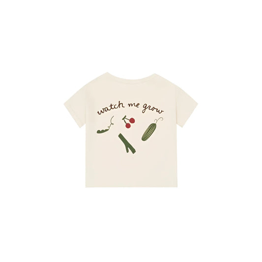 Boxy T-Shirt Watch Me Grow: Creme-weiße Kurzarm mit Gemüse-Motiv