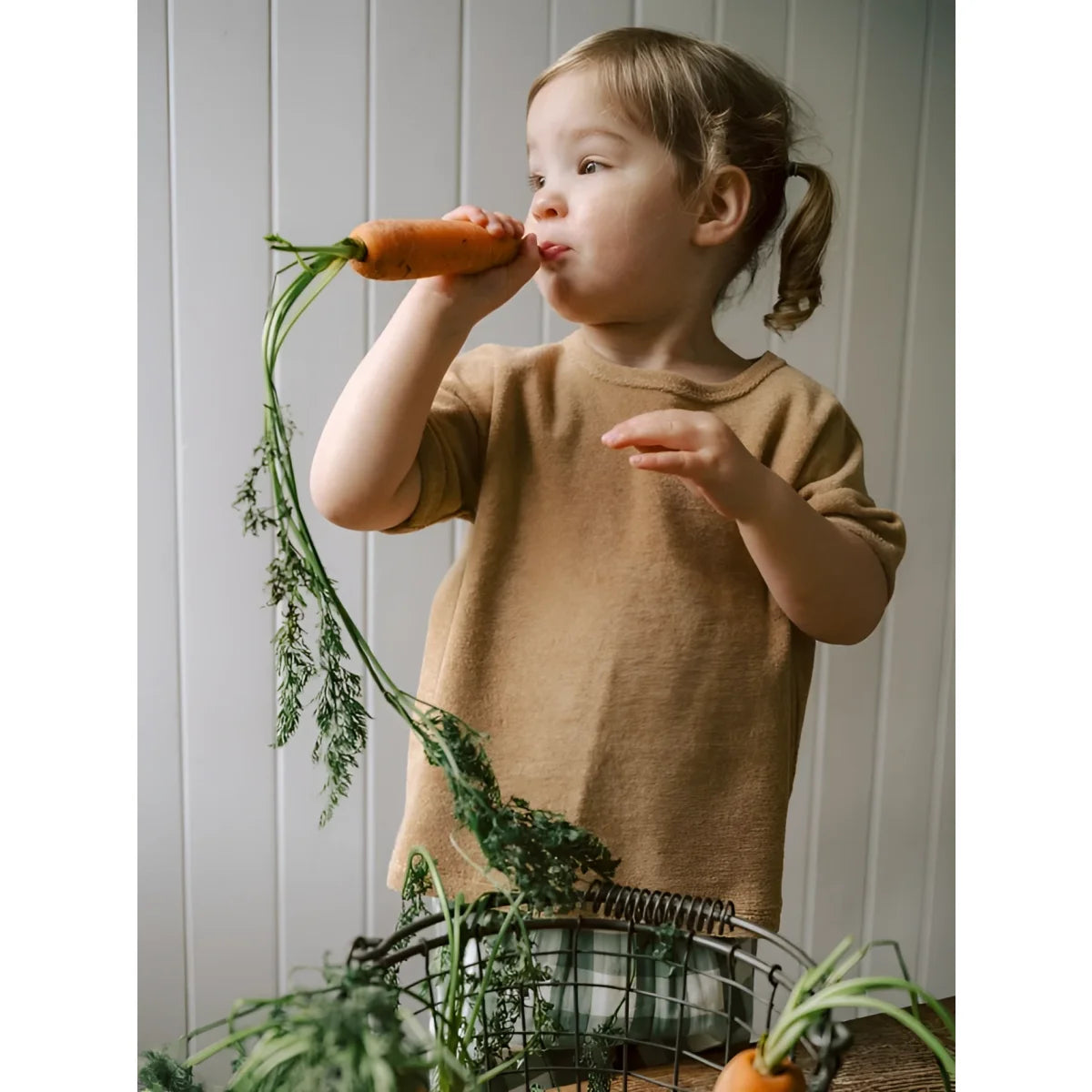 Kleines Kind hält frische orange Karotte mit langen grünen Blättern, Boxy T-Shirt Wheat Terry