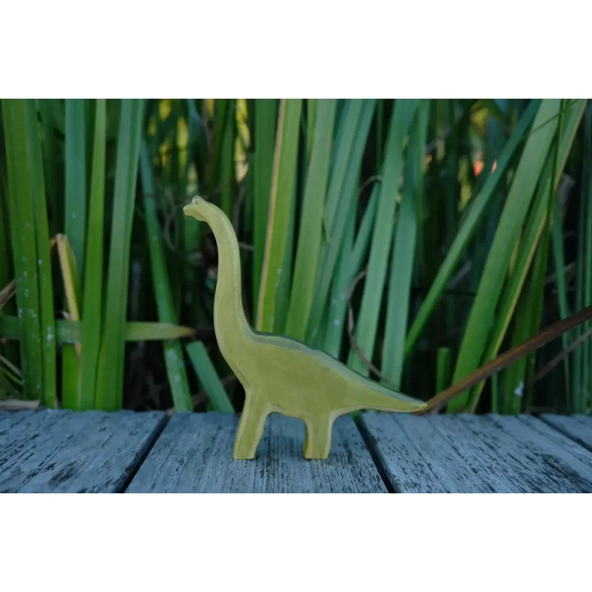 Hellgrüner Brachiosaurus Holzfigur mit langem Hals auf grauer Oberfläche
