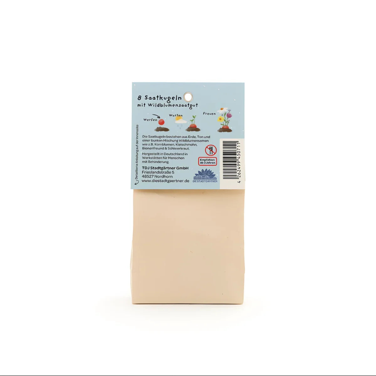Beige rechteckige samenpackung bunt blumenmurmeln mit blauem etikett und pflanzenillustrationen für ökologische kinderprodukte