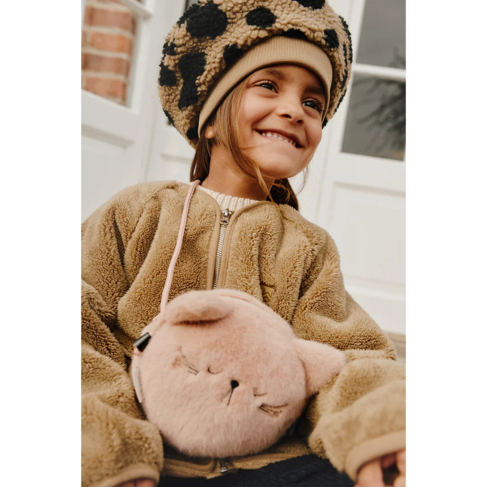 Weiches rosafarbenes flauschiges Katzen-Crossbody-Tasche mit besticktem Gesicht und passendem Gurt