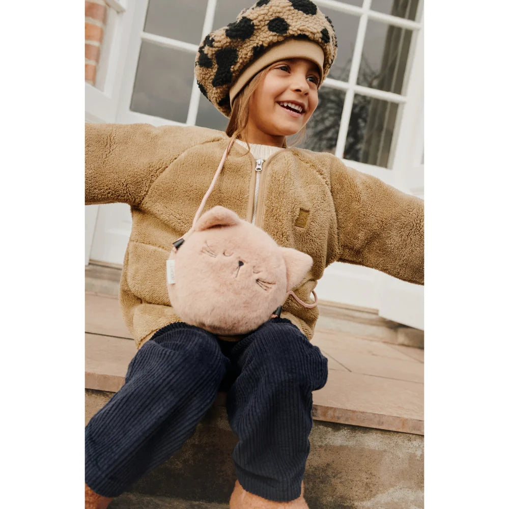 Weiches rosa Plüsch-Katzen-Crossbody-Tasche mit Stickereien und Riemen