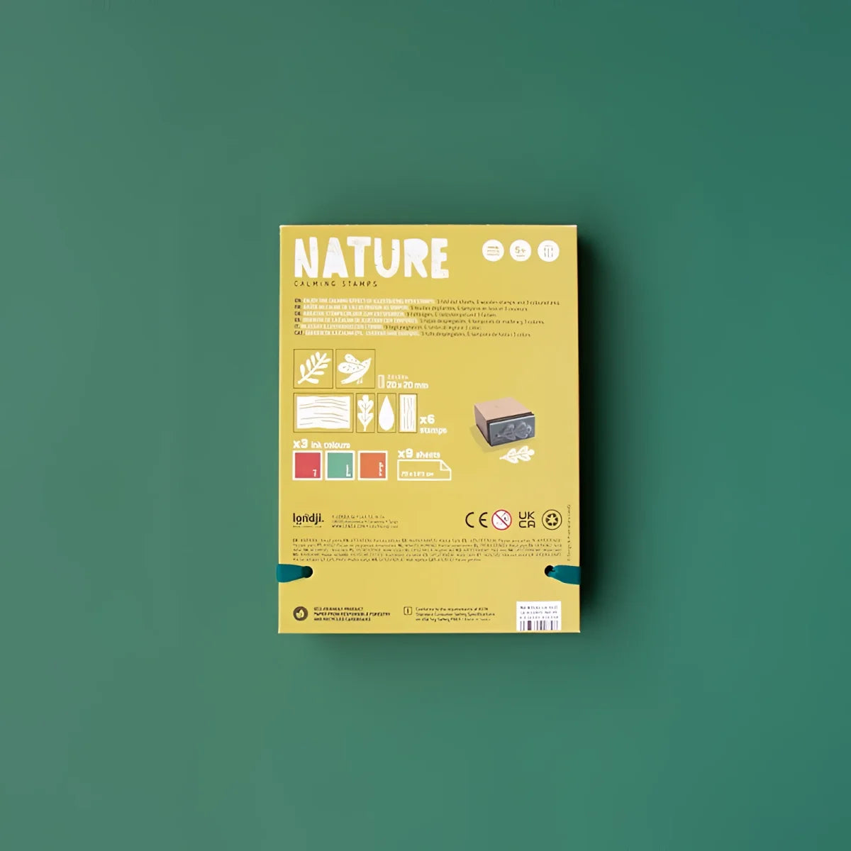 Rückseite der Londji Naturfarben-Stempel-Box Calming Stamps mit Blatt- und Blütenmotiven