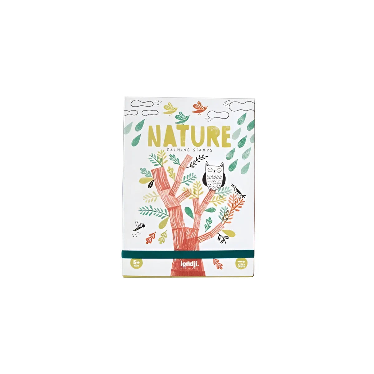 Beruhigende Stempel Nature: Weiße Box mit Baum, Eule, Vögeln und Blättern