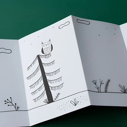 Weiße Pop-up-Karte mit schwarzer Eulenillustration, Nachtsternenhimmel, Calming Stamps - Nature