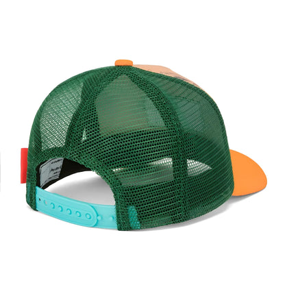 Grüner mesh trucker cap mit orangefarbener krempe und türkis verstellbarem riemen von inkee, rückseite sichtbar