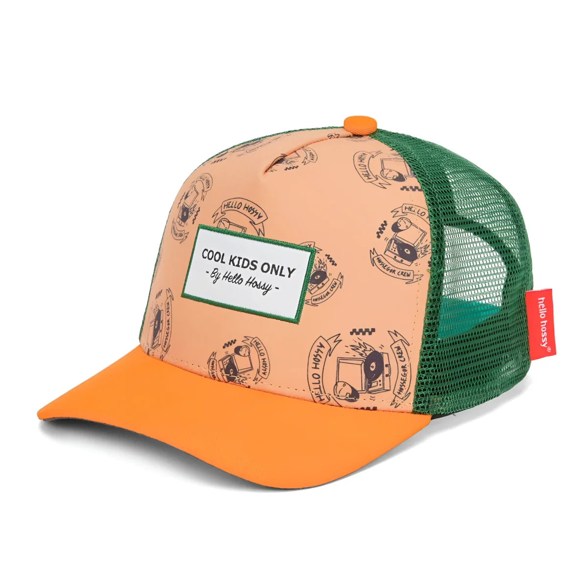 Orange und grüne hello hassy trucker cap mit pfirsichfarbenem frontpanel und schwarzer retro grafik cool kids only label