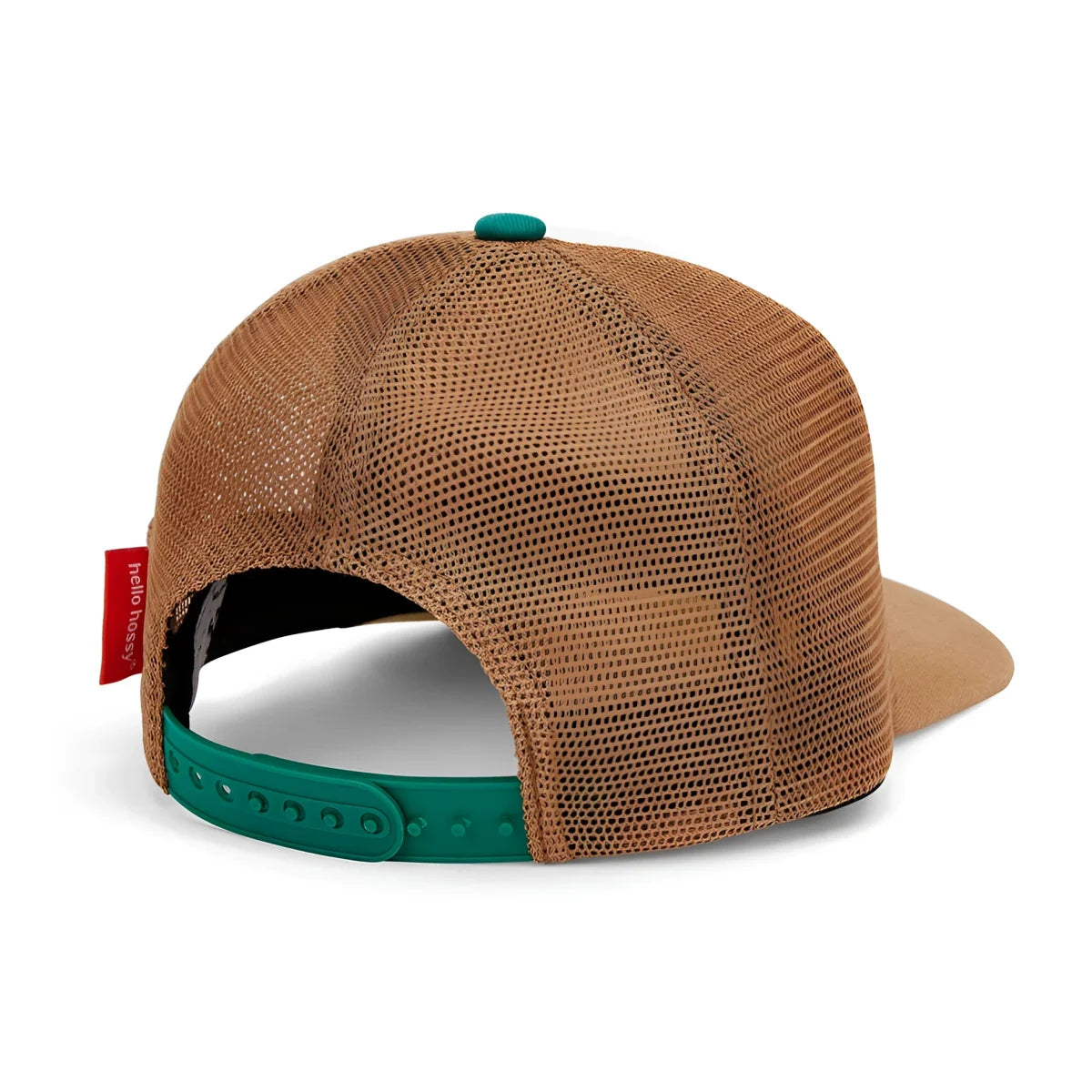 Tan mesh trucker cap mini iced coffee mit grünem verstellbarem riemen und passendem grünen knopf