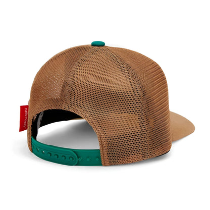Tan mesh trucker cap mini iced coffee mit grünem verstellbarem riemen und passendem grünen knopf