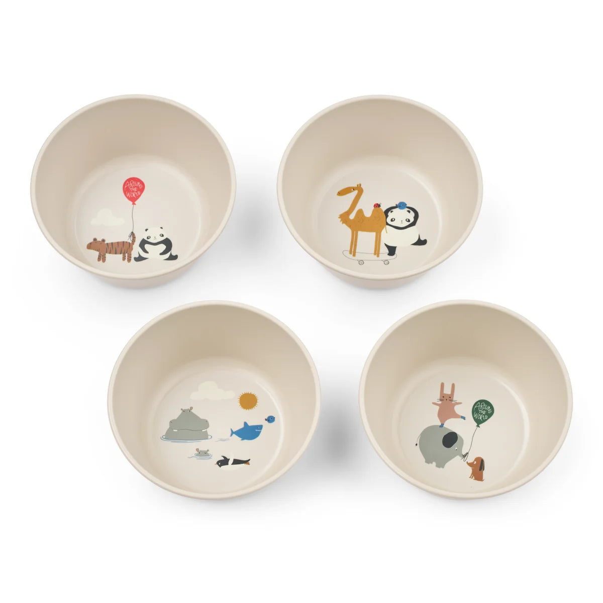 Vier weiße Keramikschalen mit bunten Cartoon-Tieren, Cees Bowl 4-Pack Around the World Sandy