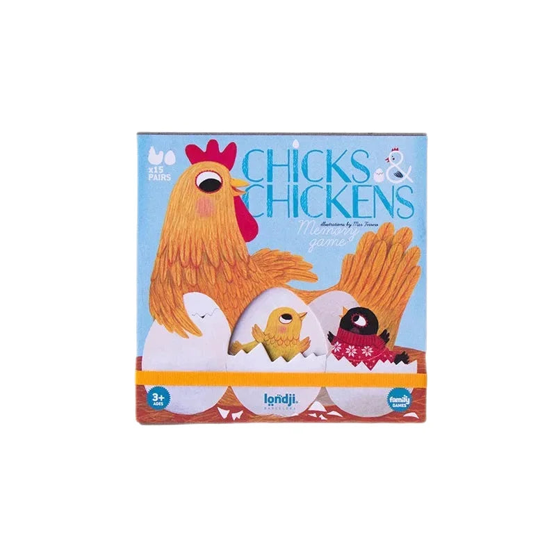 Brettspiel Chicks & Chickens mit Cartoon-Illustrationen von Hähnen und Küken