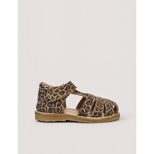 Tan und brauner kinder-sandel mit leopardmuster und weicher gummisohle classic sandal cheetah