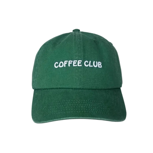 Dunkelgrüne baumwollbaseballkappe mit weißem coffee club stickerei ideal für nachhaltige babykleidung schweiz