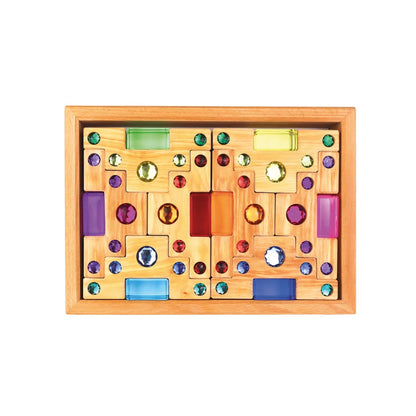 Bunter Holzstufenpuzzle mit 32 Bausteinen und Edelsteinen für Lernspaß