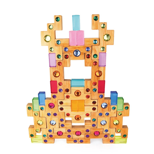 Bunte Treppenkonstruktion mit hellen Holzblöcken, 32 Teile, Schloss-Design
