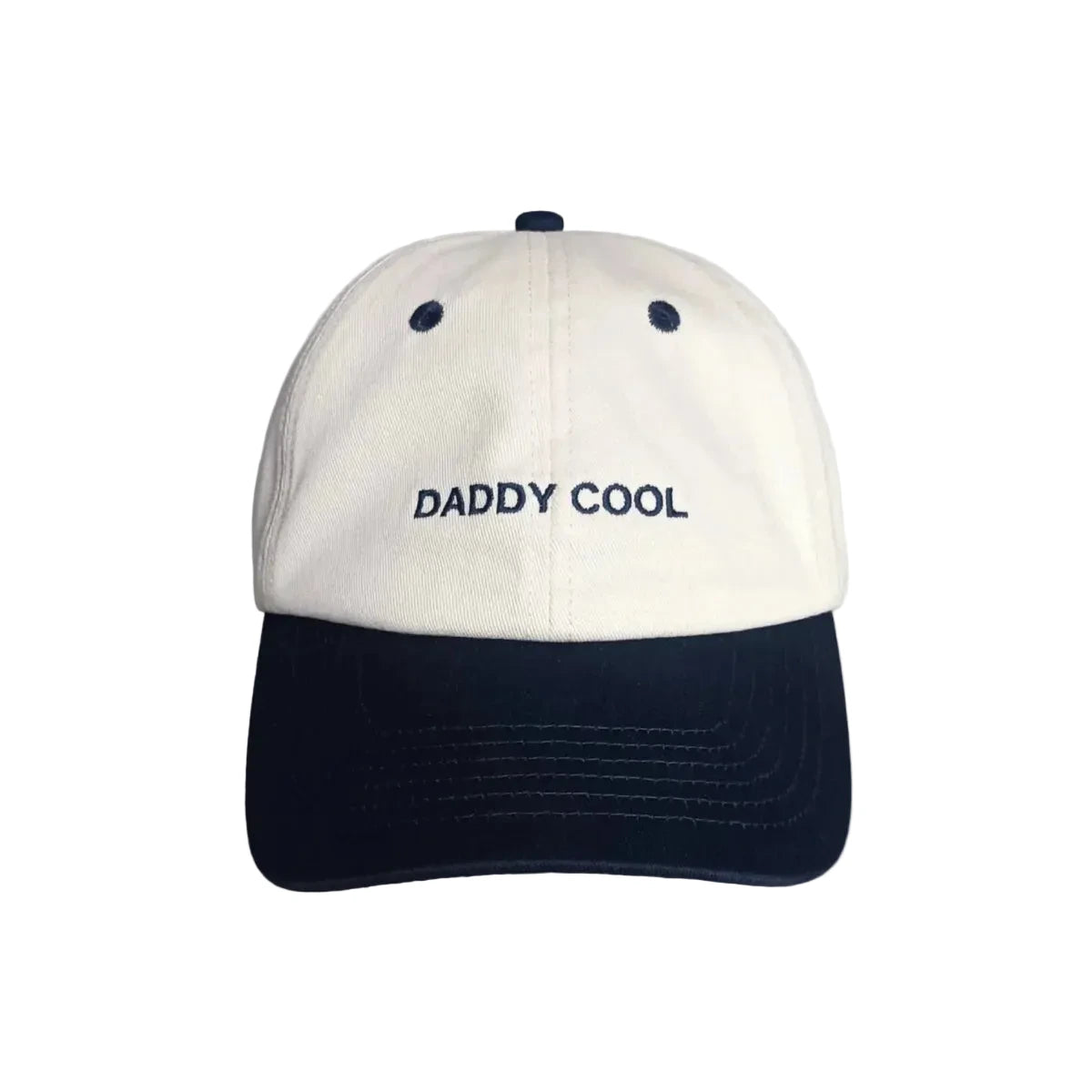 Off white und navy blue zweifarbige dad cap mit daddy cool stickerei ideal für nachhaltige babykleidung schweiz