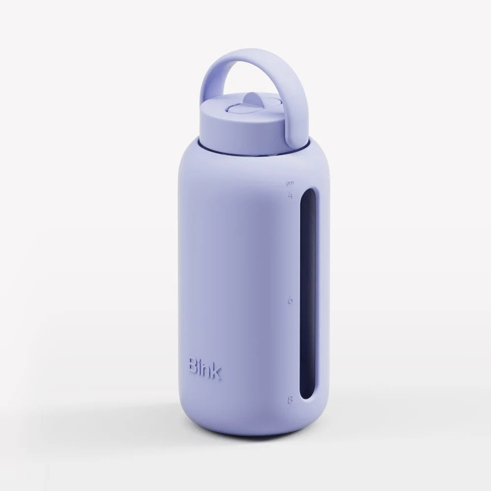 Leichte lilafarbene wiederverwendbare Wasserflasche mit Griff und Sichtstreifen