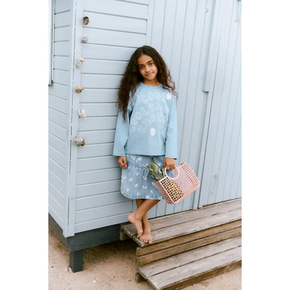 Pink plastic mesh tote mit Dayla Sweethearts light blue denim