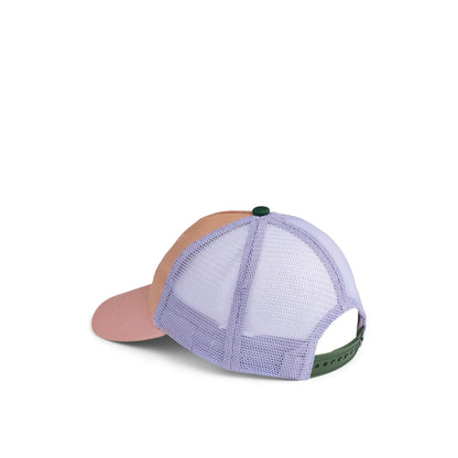 Pastellfarbener truckerhut della cap mood mix mit pfirsichfarbenem vorderteil lavendelfarbigem mesh-ruckenteil und olivgrünem verstellbaren riemen
