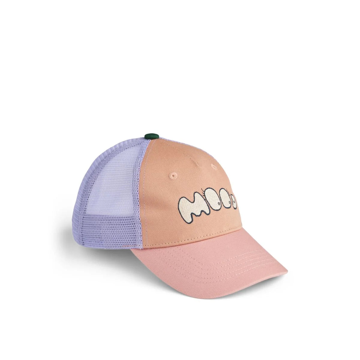 Pastell pfirsich und lavendel trucker cap mit weißem besticktem moo logo aus der della cap mood mix kollektion