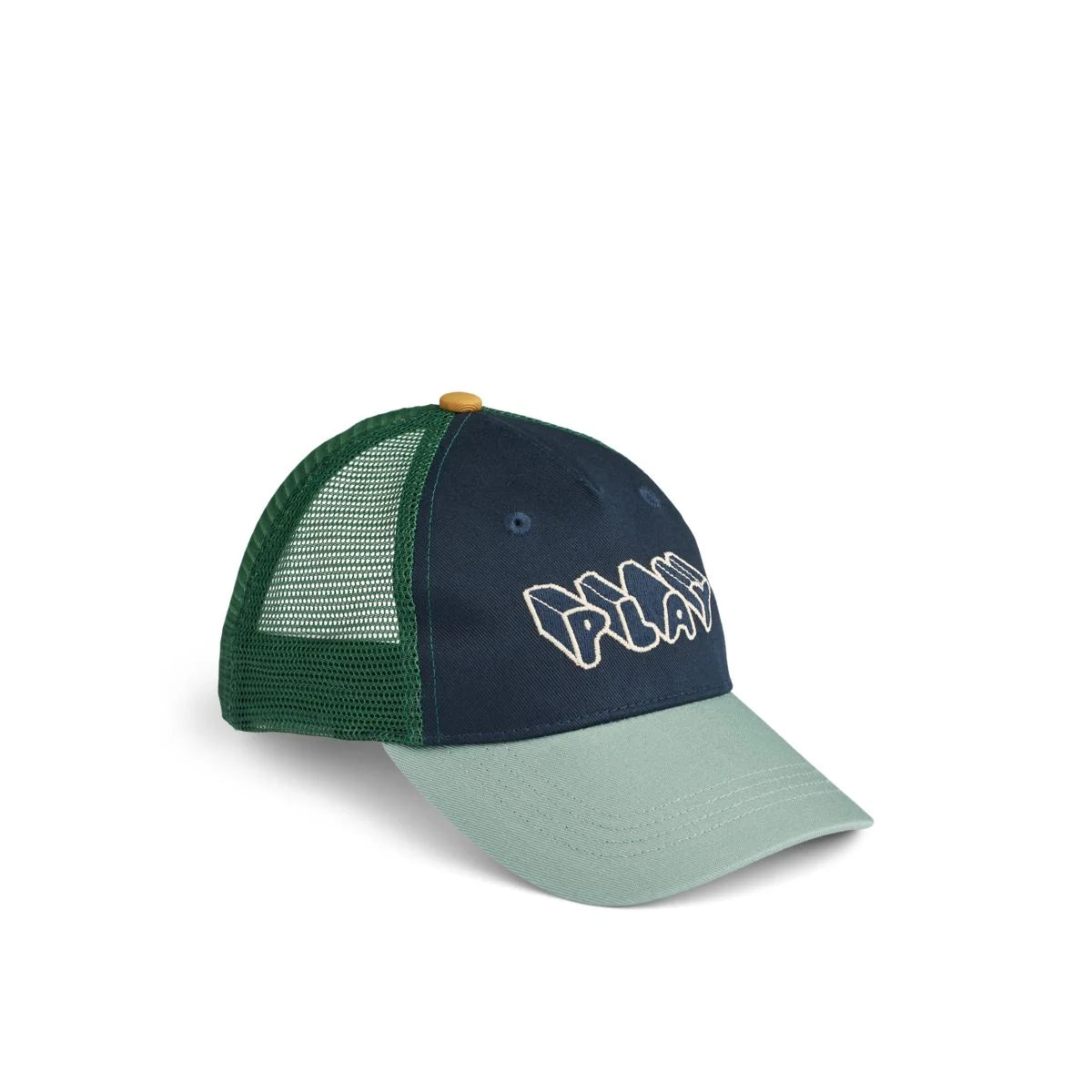 Navyblauer und salbeigrüner trucker cap mit weißem sticklogo play aus der della cap play mix kollektion