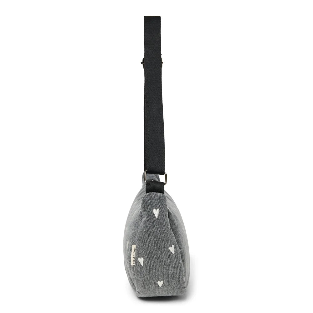 Graue Schultertasche mit weißen Herzmustern, Denim Erwachsenen-Gürteltasche