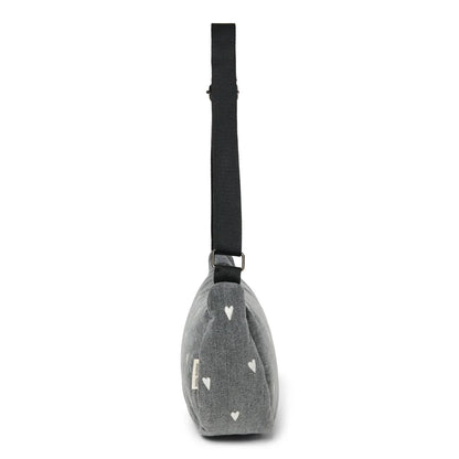 Graue Schultertasche mit weißen Herzmustern, Denim Erwachsenen-Gürteltasche