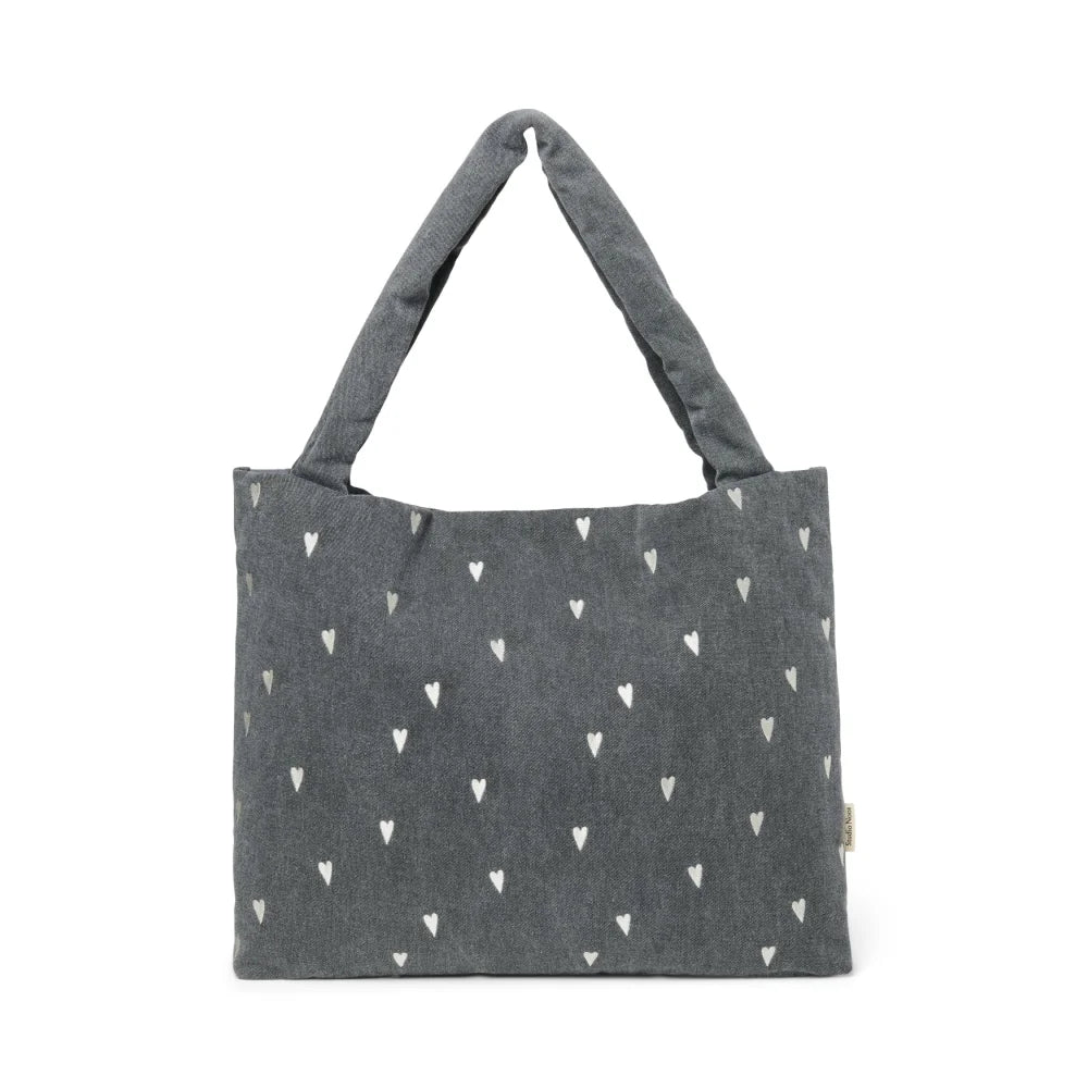 Dunkelgraue Tote-Tasche mit kleinen weißen Herzen, Denim Mom Bag Grey Hearts