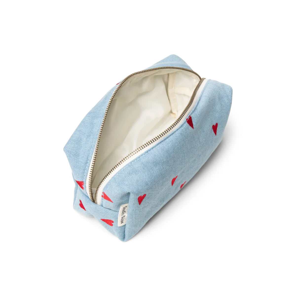 Offene hellblaue Kosmetiktasche mit roten Herzen, Denim Necessaire Hearts