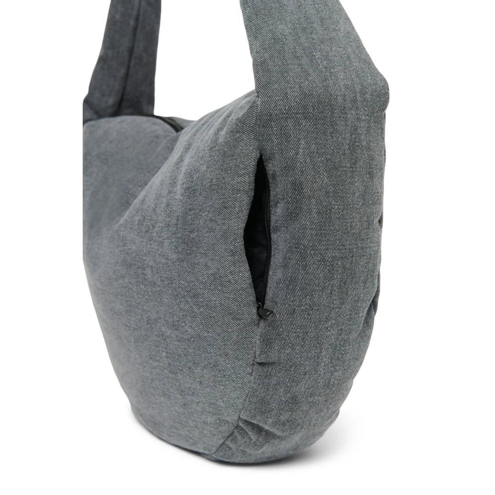 Dunkelgraue Denim-Schultertasche mit Reißverschluss-Seitentasche für Damen