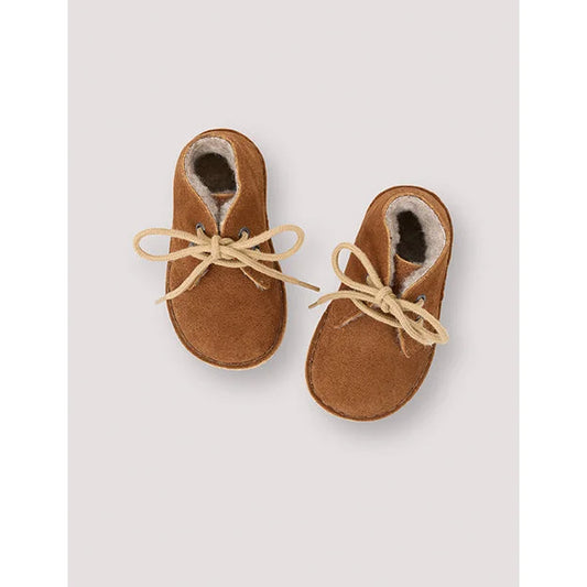 Braune Wildleder Babyschuhe mit Creme-Fleece und Schnürsenkeln, Desert Winter Boot Chestnut