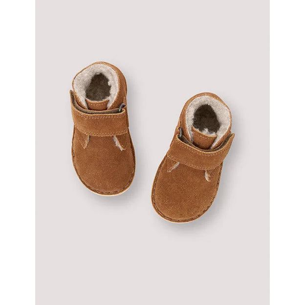 Braune Wildleder Babyschuhe mit weißem Fleece und Klettverschluss, Desert Winter Boot Velcro