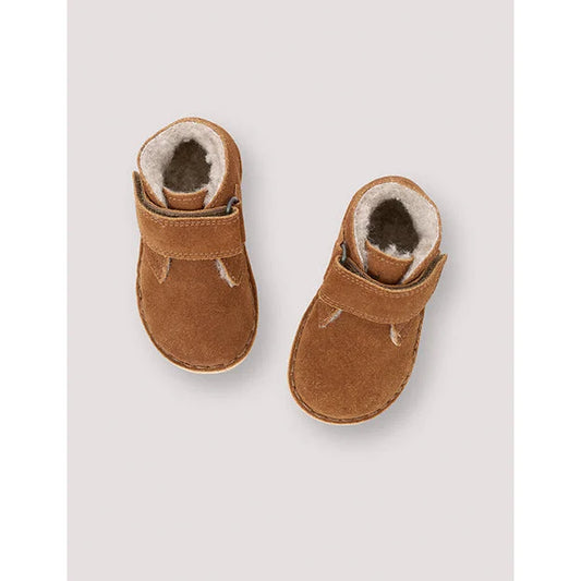 Braune Wildleder Babyschuhe mit weißem Fleece und Klettverschluss, Desert Winter Boot Velcro