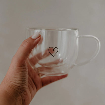 Klare Glastasse HERZ 250ml mit schwarzem Herz-Design, ähnlich Tasse Oma 220ml