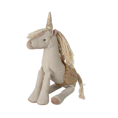 Weiches cremefarbenes Plüsch-Einhorn Klein mit goldenem Horn und Sattel