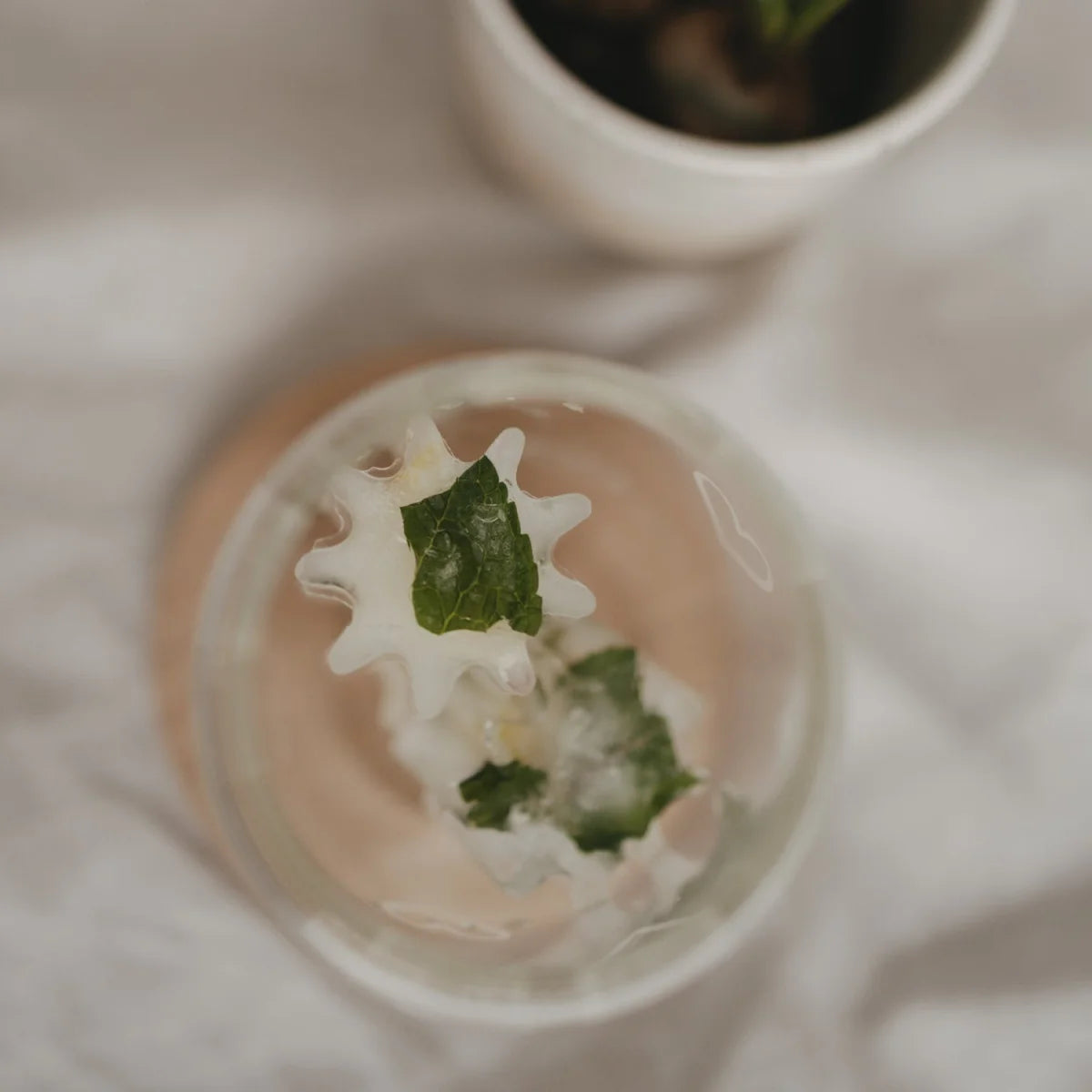 Klarer Glasbecher mit hellrosa Getränk, Minze und Eiswürfeln in Blume-Form