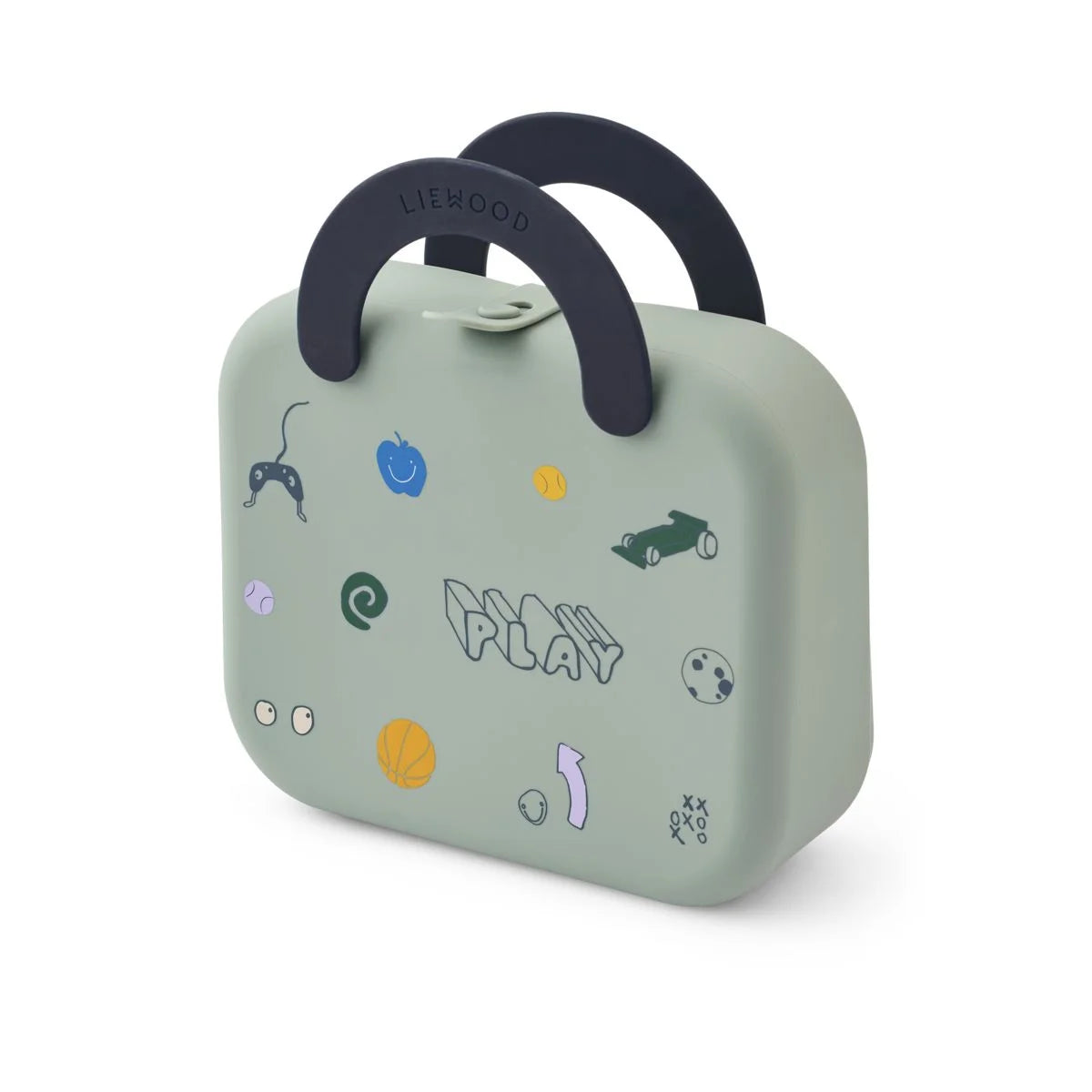 Mintgrüne liewood faltbare elara lunchbox play dusty peppermint mit navy blauem griff und spielerischen aufklebern