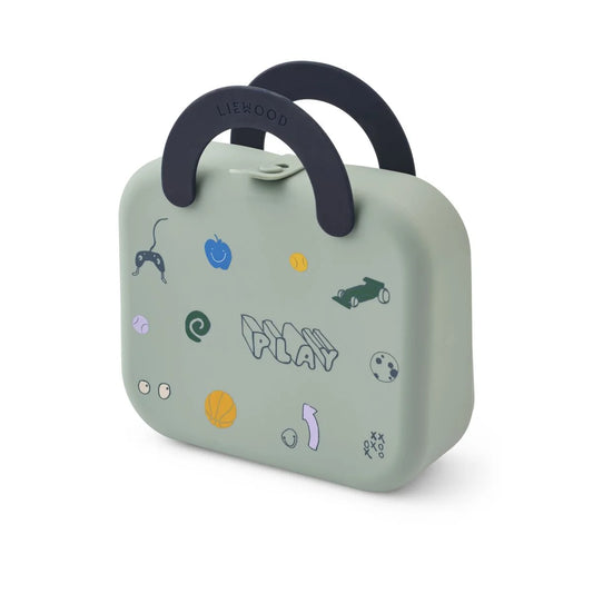 Mintgrüne liewood faltbare elara lunchbox play dusty peppermint mit navy blauem griff und spielerischen aufklebern