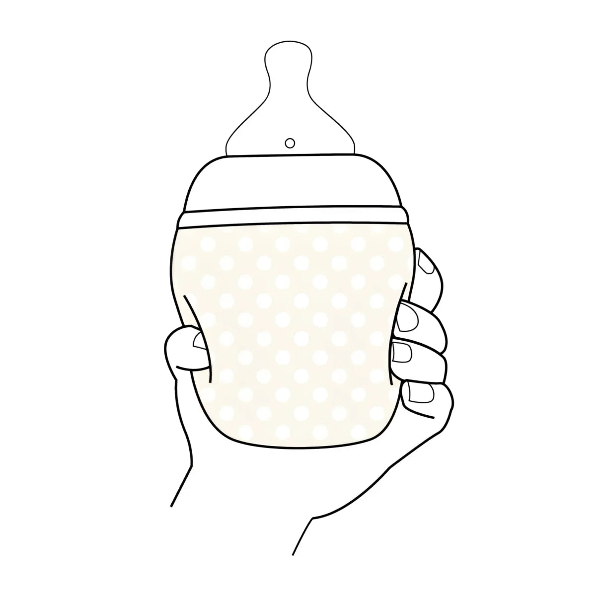 Hand hält Élhée Babyflasche Sand mit weiß gepunktetem Design, 150 ml oder 240 ml
