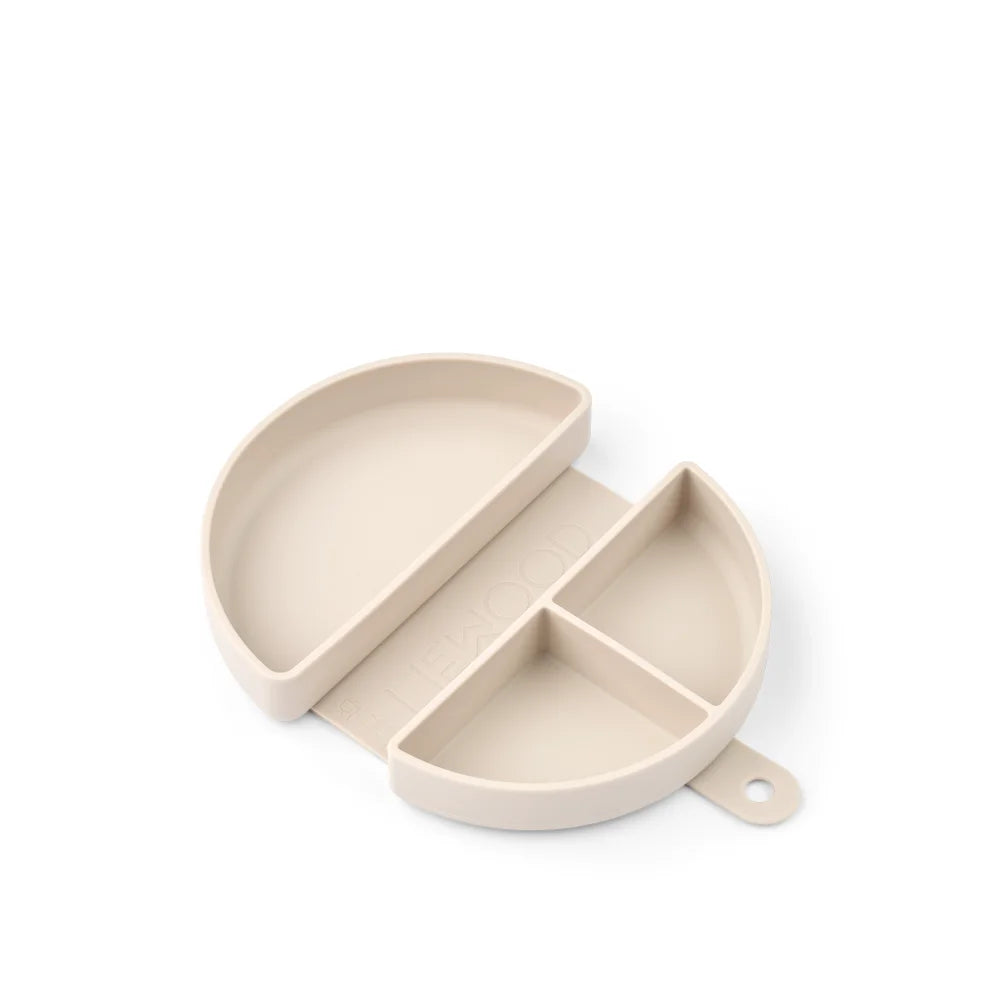 Faltbare beige Silikon Baby-Teller mit Fächern und Hänge-Schlaufe für Eugene Faltbare Snack-Box