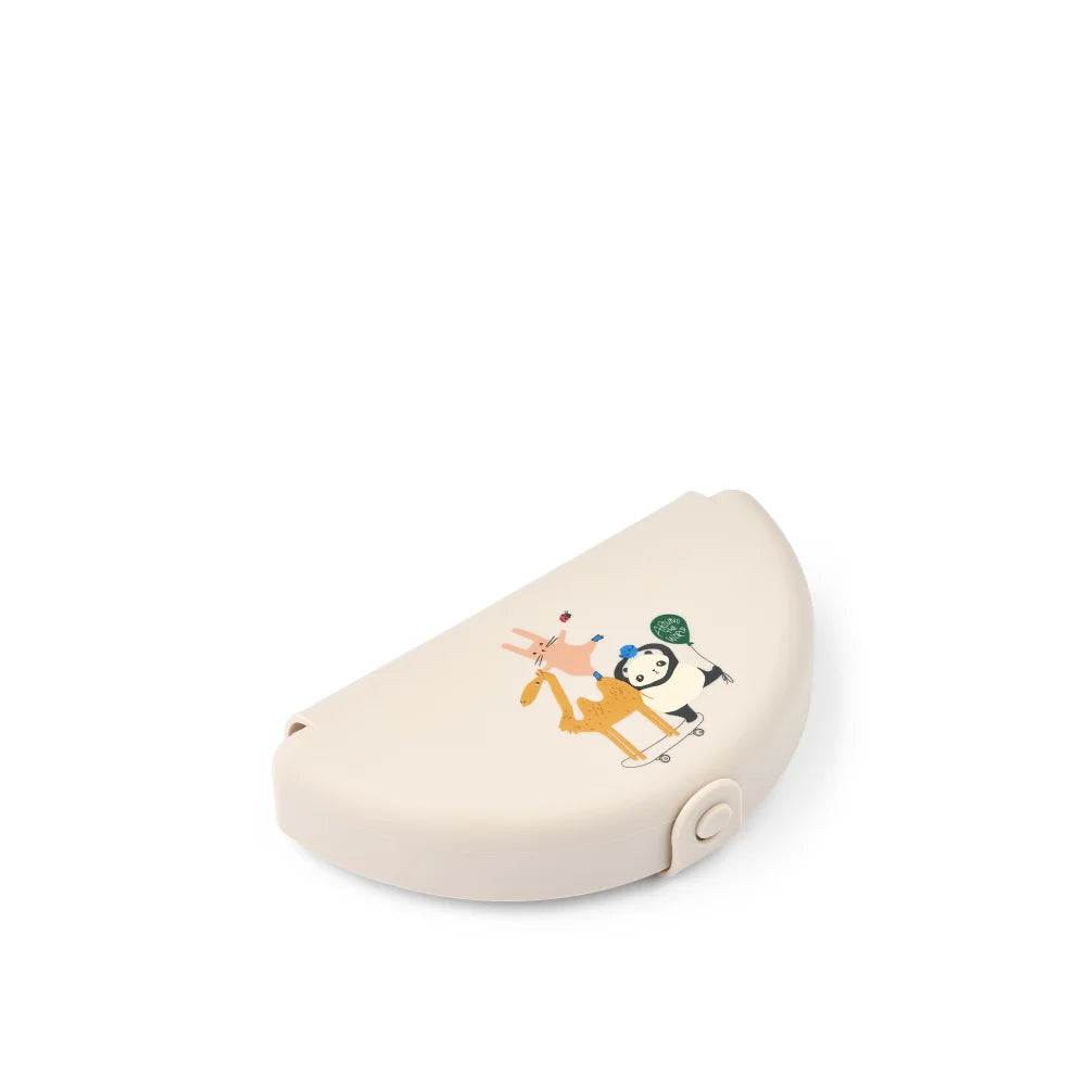 Helles cremefarbenes, gebogenes Hartschalen-Behälter mit verspielten Tier- und Figurenillustrationen