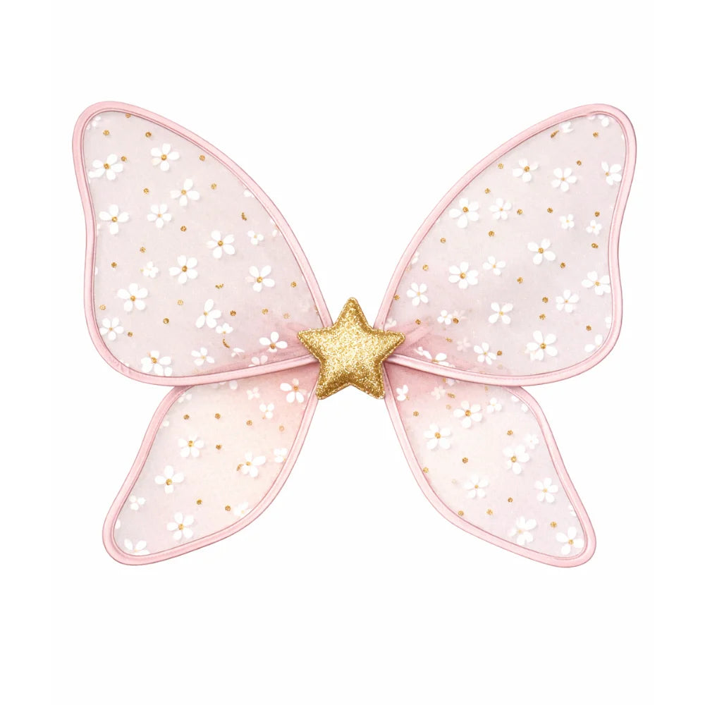 Feenflügel Darcy Blush Petal: Rosa Schmetterlingsflügel mit Blumenmuster, Goldpunkten, Glitzerstern