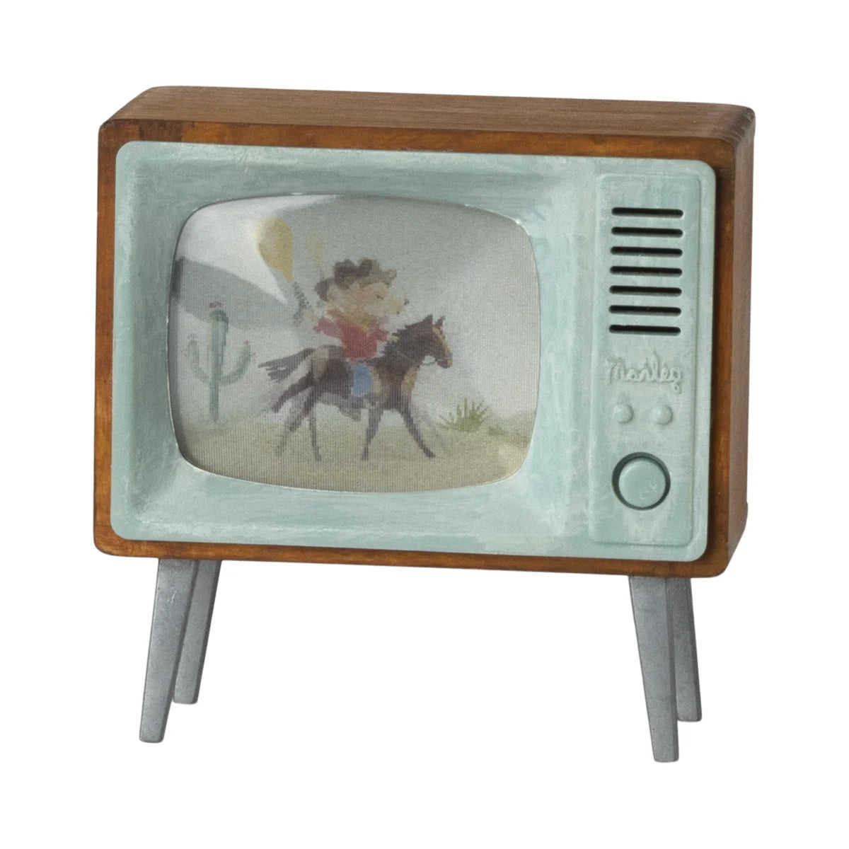 Vintage fernseher mit holzrahmen und blauem bildschirm zeigt cartoon cowboy, ideal für nachhaltige babykleidung schweiz geschenke