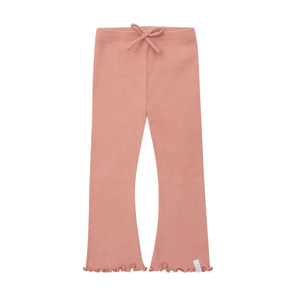 Flared Bio-Baumwoll-Leggings zierkordel vorn, weicher rosa Rippenstrick