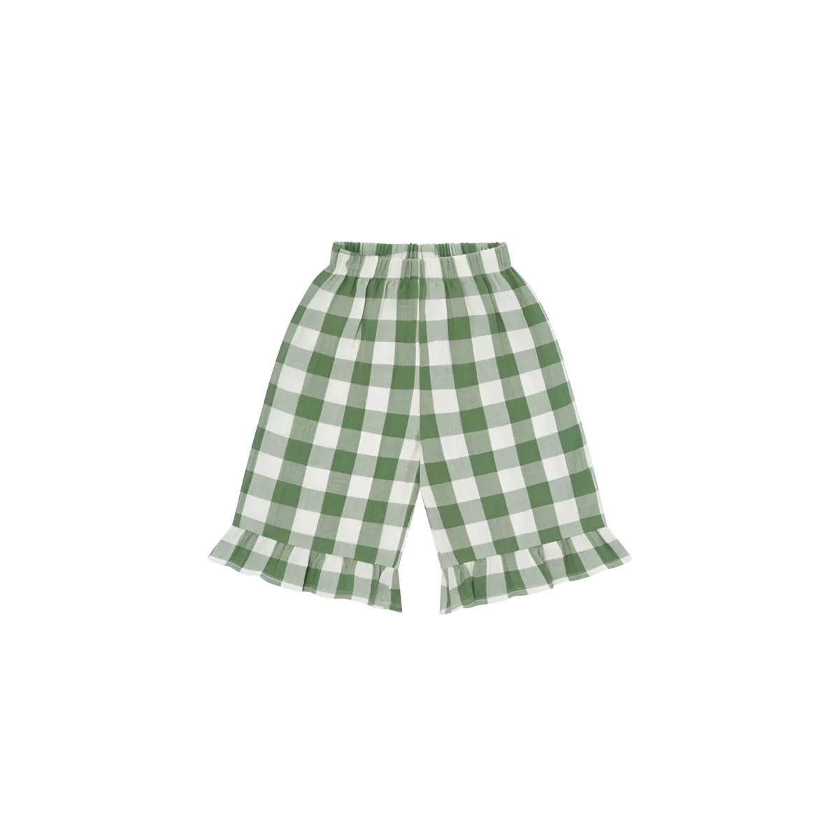 Frill Culottes Dill Gingham: Grün-weiße Karo-Shorts mit Rüschensaum