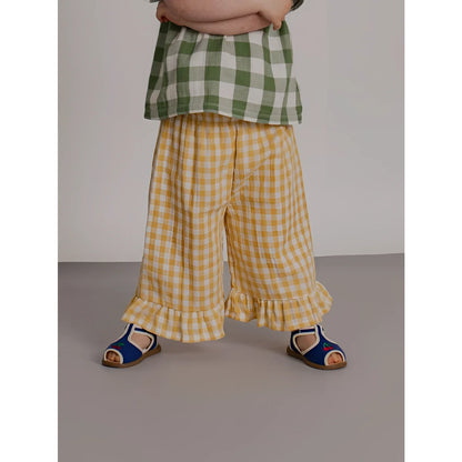 Frill Culottes Honeycomb Gingham: gelb-weiße Karo-Shorts mit Rüschensaum