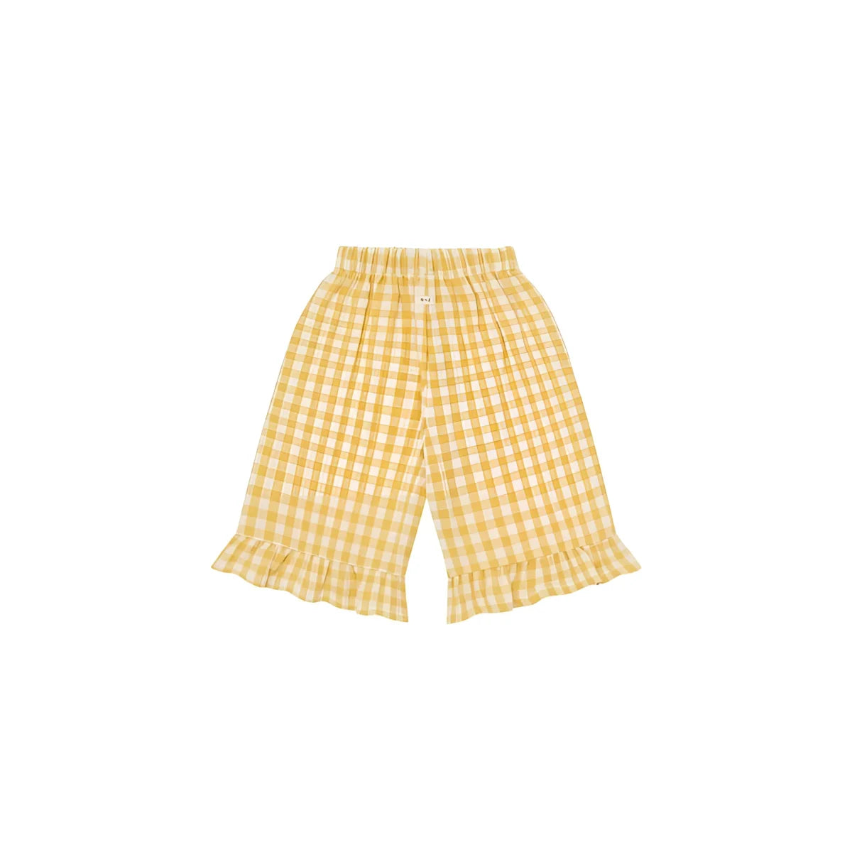 Frill Culottes Honeycomb Gingham: gelb-weiße Karo-Shorts mit Rüschensaum