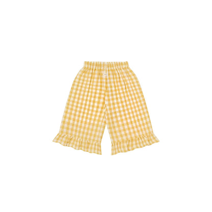 Frill Culottes Honeycomb Gingham: gelb-weiße Karo-Shorts mit Rüschensaum