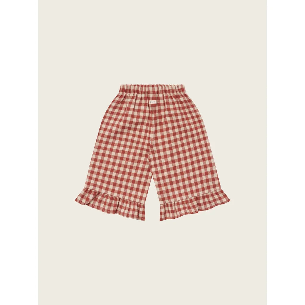 Rote und creme Karo-Bloomers mit gerafften Säumen aus dem Frill Culottes Paprika Gingham Sortiment